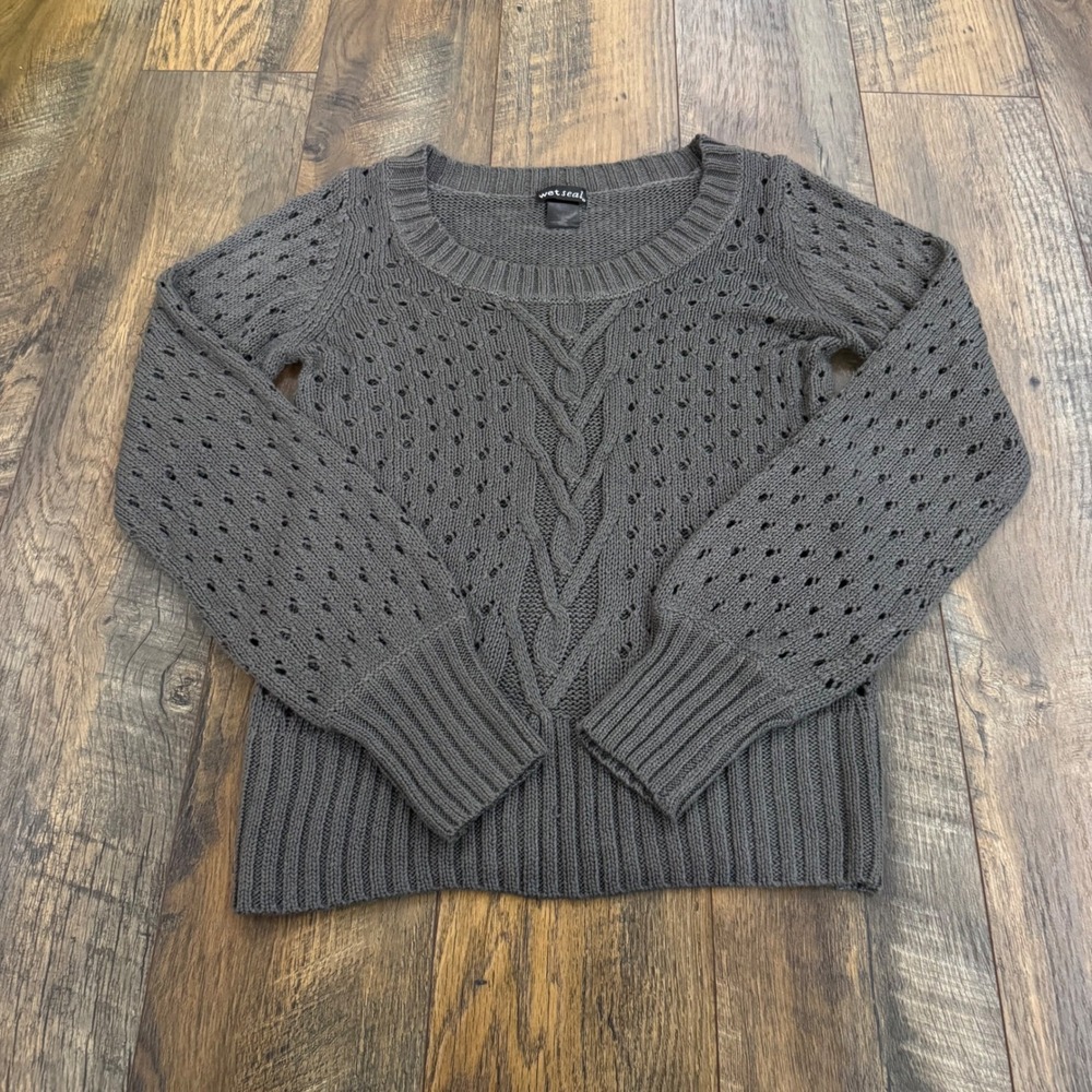 Wet Seal Gray Cable Knit Pointelle Scoop Neck Sweater Large Charcoal Long Sleeve